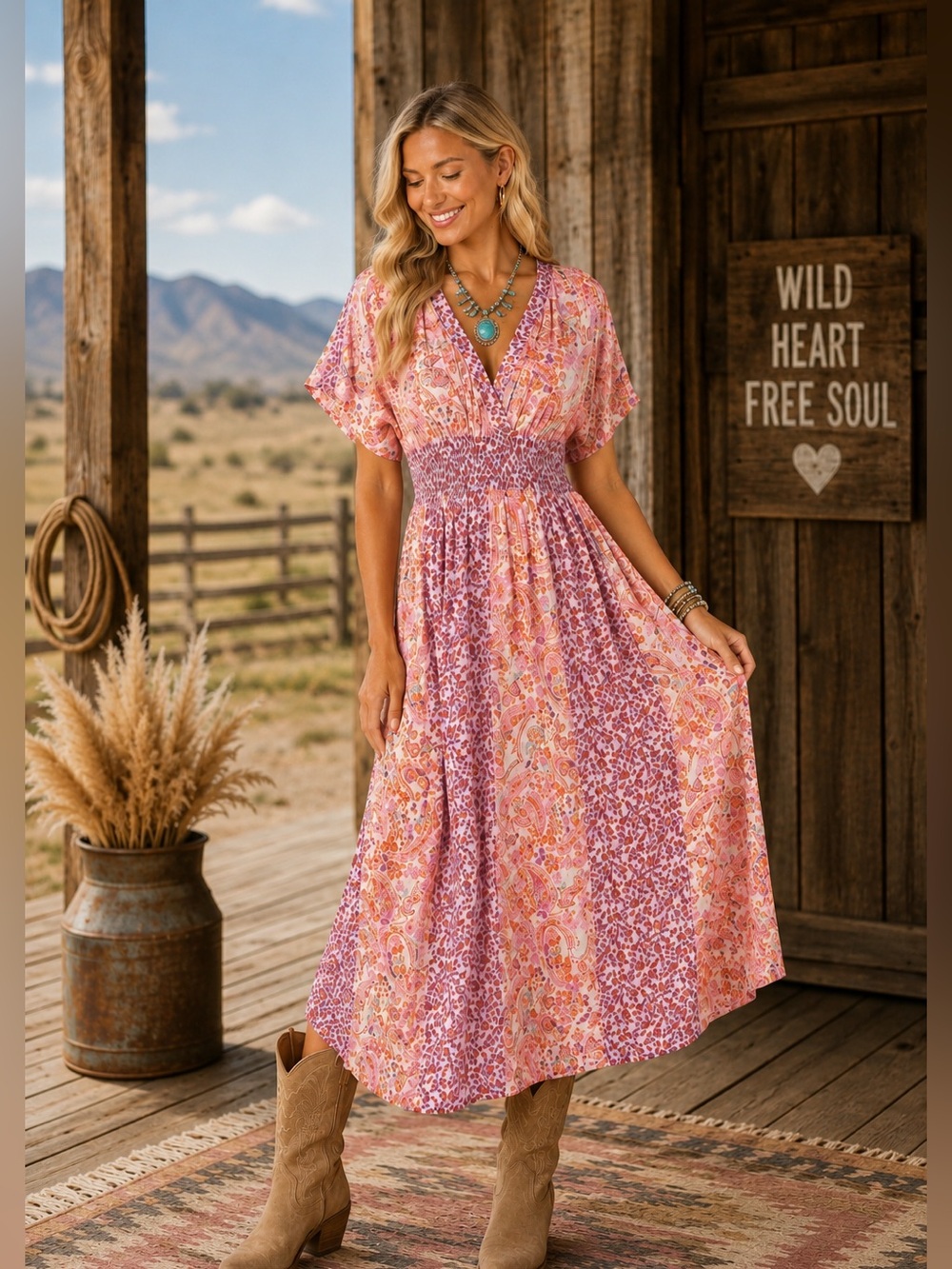 Lovestitch Pink Paisley Midi Dress | Smocked Waist Boho Cottagecore Festival